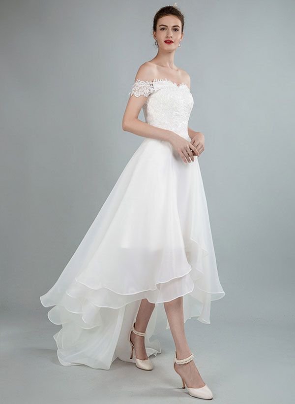 Simple High Low Wedding Dresses A Line Off The Shoulder Sleeveless Lace Wedding Dresses With Train, image 3