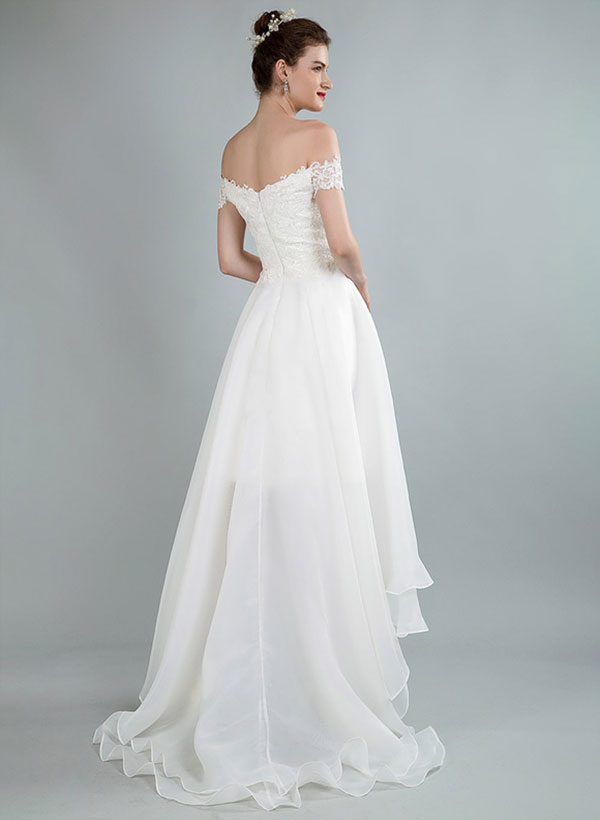 Simple High Low Wedding Dresses A Line Off The Shoulder Sleeveless Lace Wedding Dresses With Train, image 4