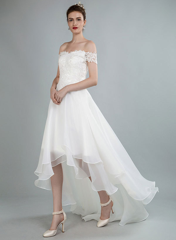 Simple High Low Wedding Dresses A Line Off The Shoulder Sleeveless Lace Wedding Dresses With Train, image 5