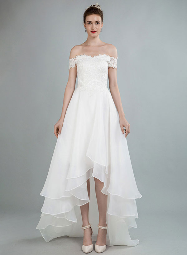 Simple High Low Wedding Dresses A Line Off The Shoulder Sleeveless Lace Wedding Dresses With Train, image 6