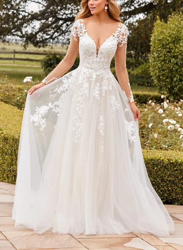Hole Back A-Line Wedding Dresses With Illusion Long Sleeves, product image 2