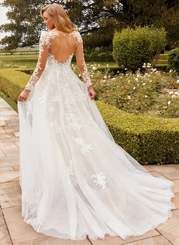 Hole Back A-Line Wedding Dresses With Illusion Long Sleeves in Ivory, US2