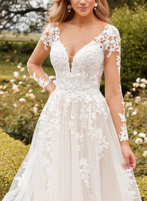 Hole Back A-Line Wedding Dresses With Illusion Long Sleeves, product image 3
