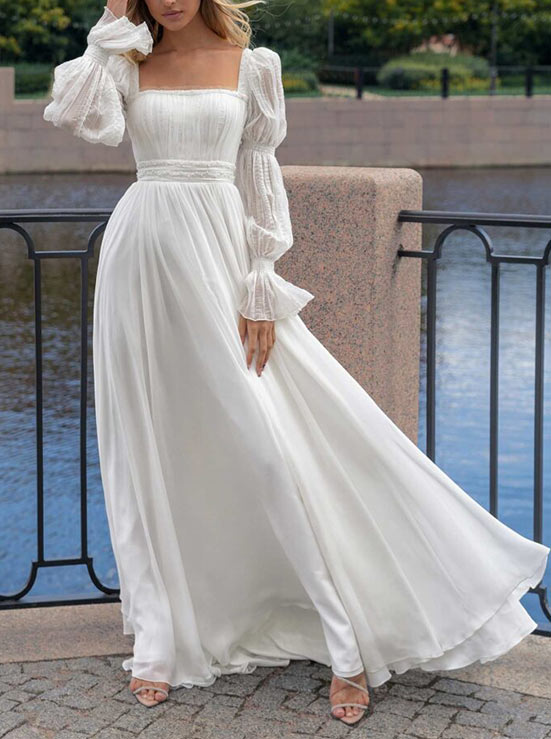 A-Line Square Neckline Long Sleeves Wedding Dresses, image 2