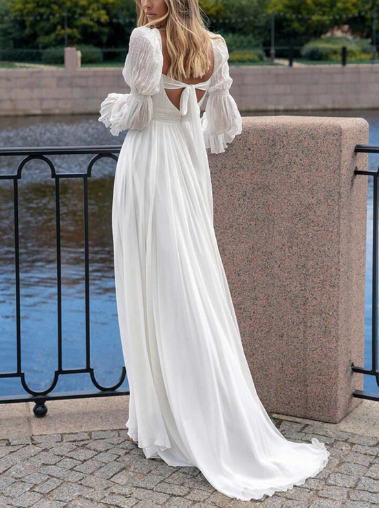 A-Line Square Neckline Long Sleeves Wedding Dresses, image 3