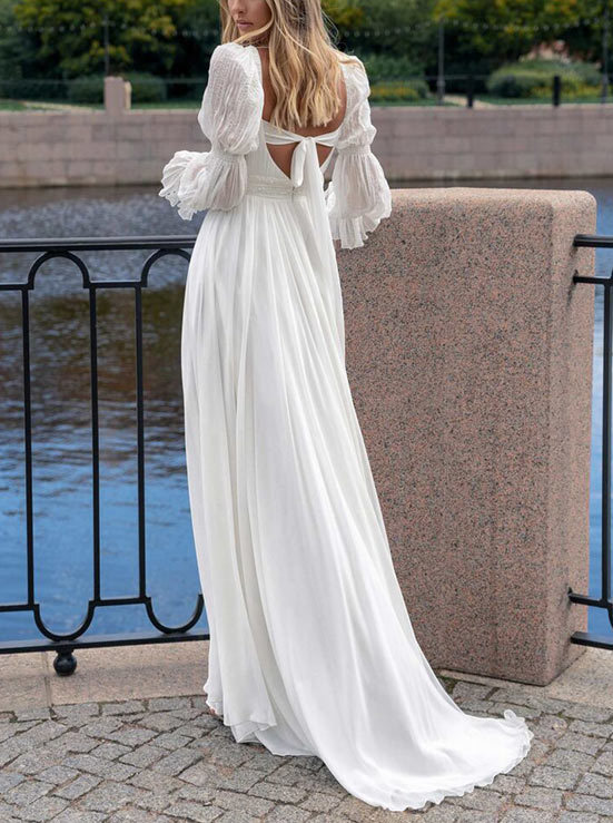 A-Line Square Neckline Long Sleeves Wedding Dresses, image 3