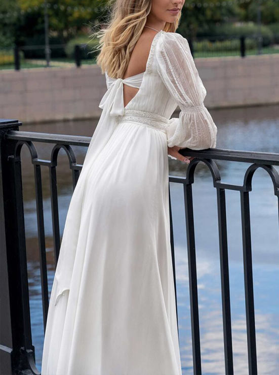 A-Line Square Neckline Long Sleeves Wedding Dresses, image 4