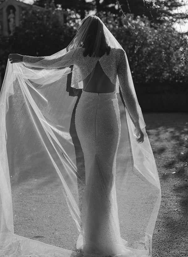 Sheath/Column Sequined Long Sleeves Scoop Neck Wedding Dresses