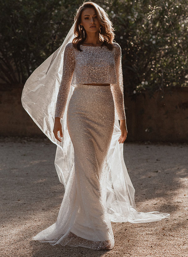 Sheath/Column Sequined Long Sleeves Scoop Neck Wedding Dresses