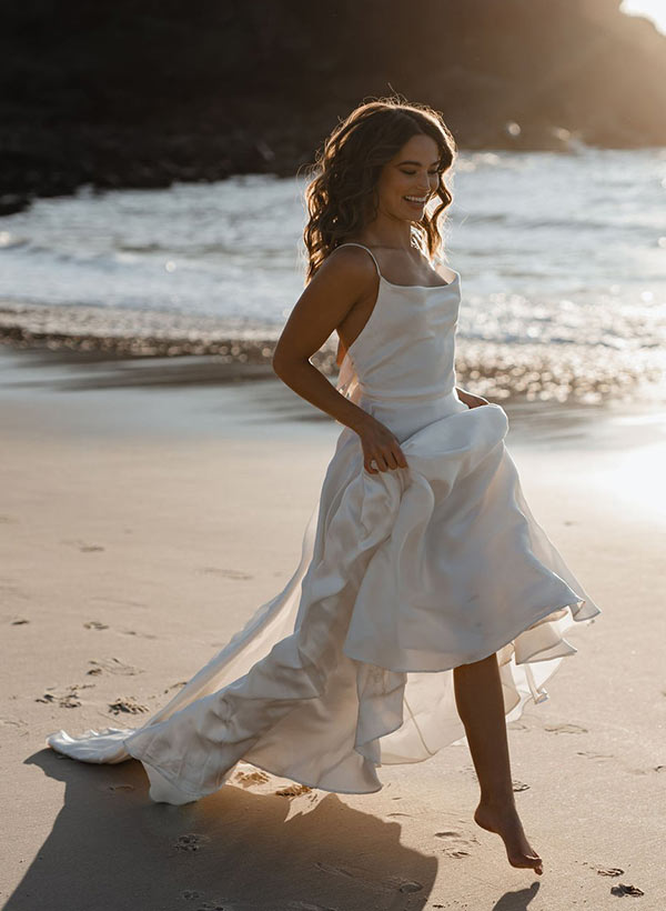 Modern A Line Tied Back Silk Like Satin Wedding Dresses, product image 1