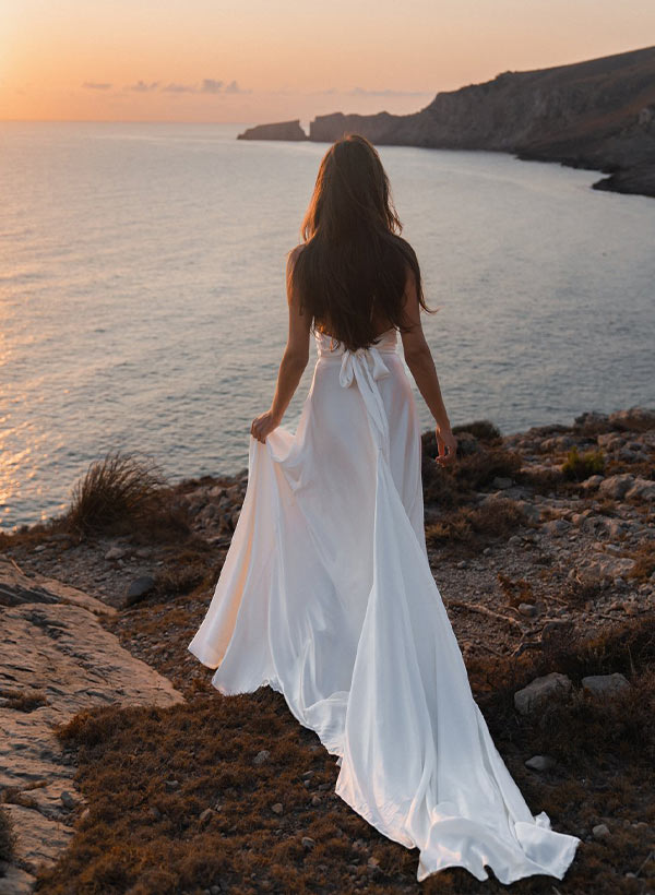 Modern A Line Tied Back Silk Like Satin Wedding Dresses, product image 4