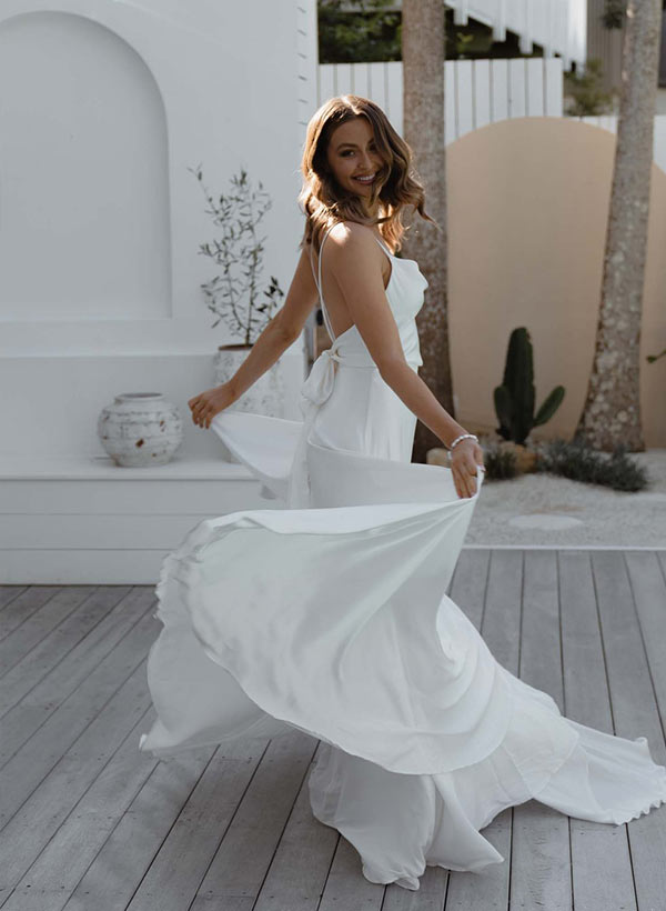 Modern A Line Tied Back Silk Like Satin Wedding Dresses, product image 7