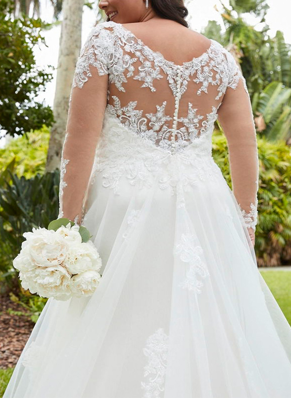 Ball-Gown V-Neck Sweep Train Plus Size Wedding Dresses With Appliques Lace