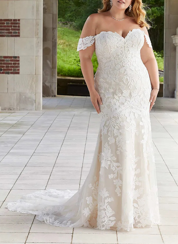 Trumpet/Mermaid Off-The-Shoulder Elegant Court Train Lace/Tulle Wedding Dresses, product image 1