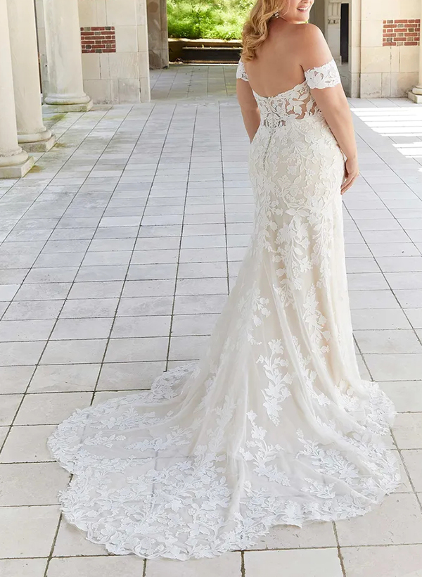 Trumpet/Mermaid Off-The-Shoulder Elegant Court Train Lace/Tulle Wedding Dresses, product image 2