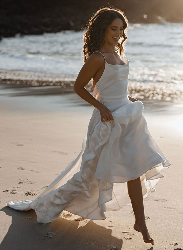 Boho Open Back Cowl Neck A-Line Wedding Dresses With Silk Like Satin Sweep Train, image 1