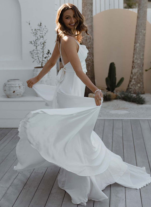 Boho Open Back Cowl Neck A-Line Wedding Dresses With Silk Like Satin Sweep Train, image 8