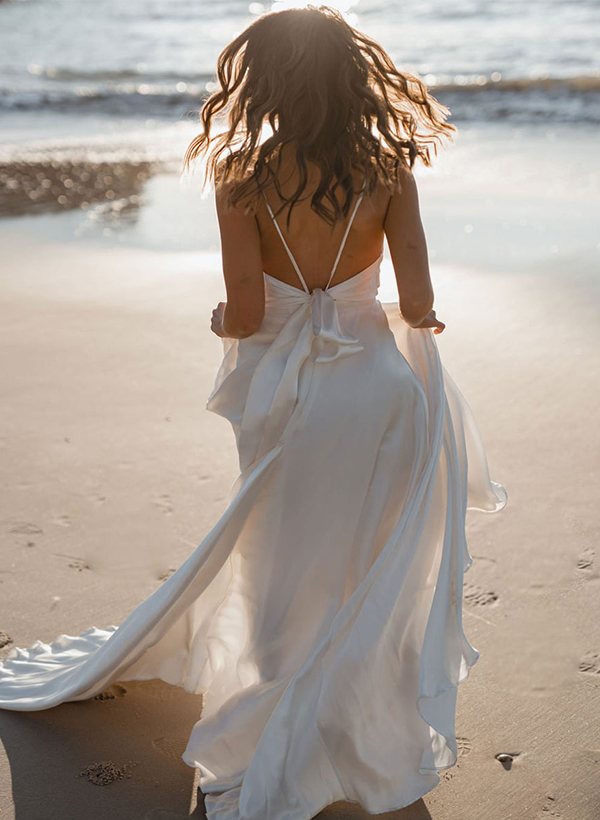 Boho Open Back Cowl Neck A-Line Wedding Dresses With Silk Like Satin Sweep Train, image 4