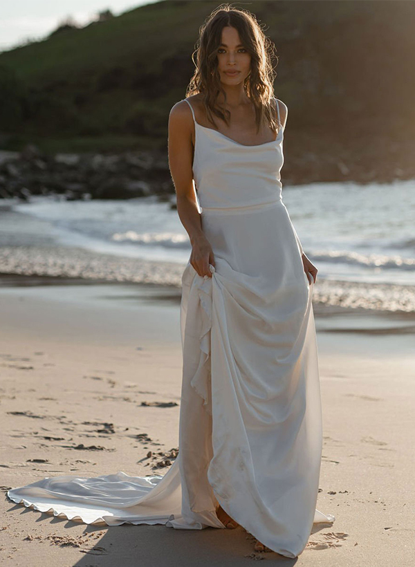 Boho Open Back Cowl Neck A-Line Wedding Dresses With Silk Like Satin Sweep Train, image 6