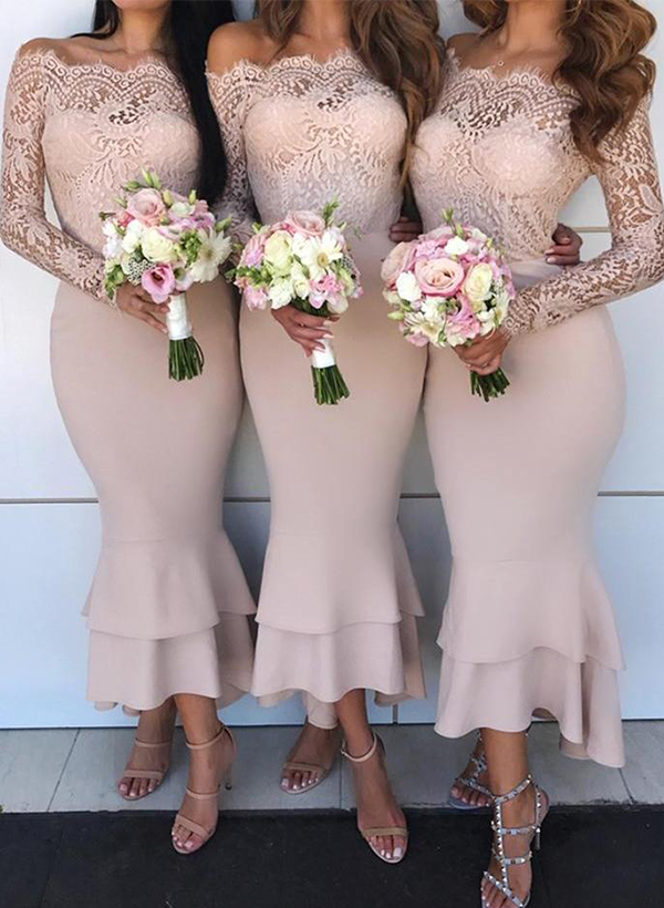 Trumpet/Mermaid Off-The-Shoulder Long Sleeves Lace/Satin Bridesmaid Dresses, product image 1