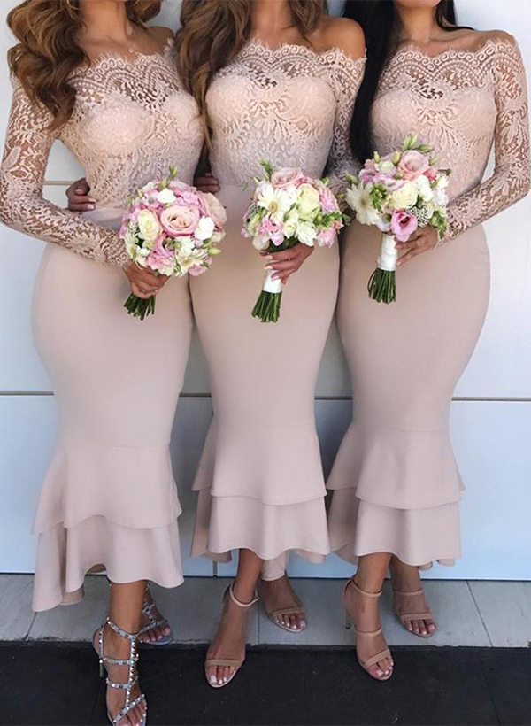 Trumpet/Mermaid Off-The-Shoulder Long Sleeves Lace/Satin Bridesmaid Dresses, product image 2