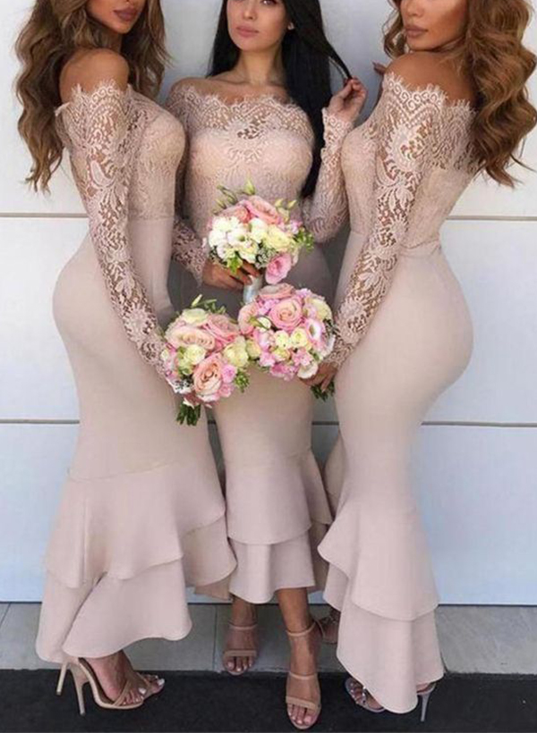 Trumpet/Mermaid Off-The-Shoulder Long Sleeves Lace/Satin Bridesmaid Dresses, product image 3