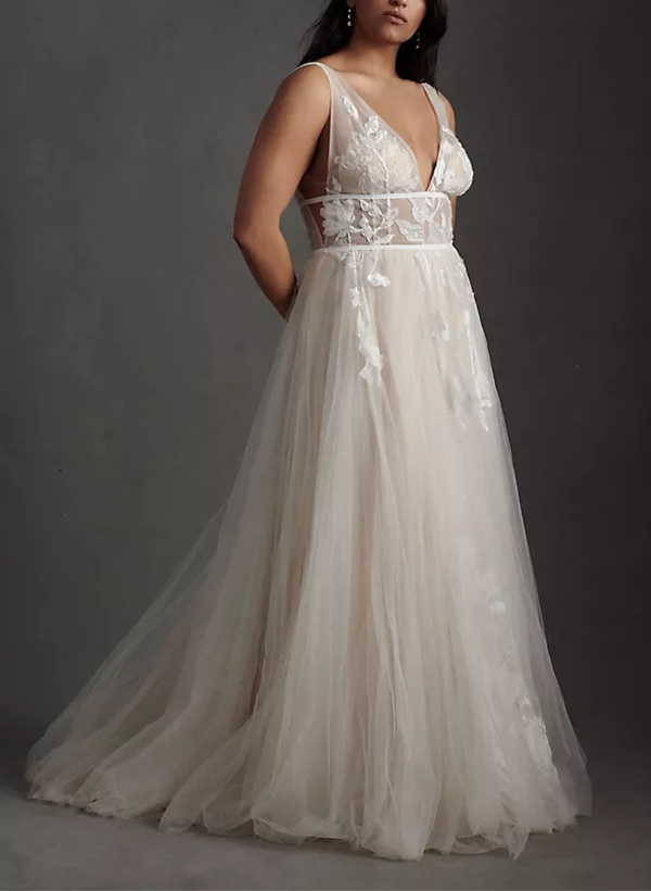 A-Line V-Neck Vintage Backless Tulle Wedding Dresses With Appliques Lace, product image 4