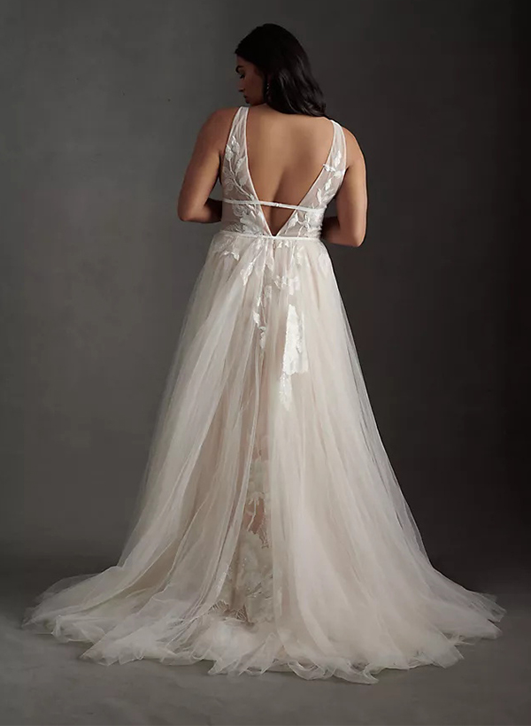 A-Line V-Neck Vintage Backless Tulle Wedding Dresses With Appliques Lace, product image 5