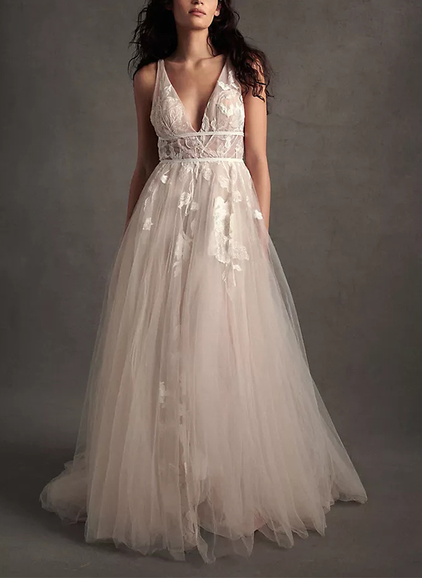 A-Line V-Neck Vintage Backless Tulle Wedding Dresses With Appliques Lace, product image 1