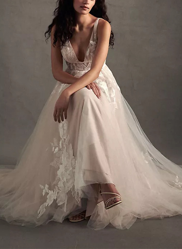 A-Line V-Neck Vintage Backless Tulle Wedding Dresses With Appliques Lace, product image 3