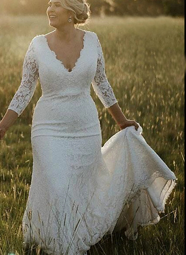 Plus Size Elegant Mermaid Lace Sleeves Wedding Dresses With V-Neck