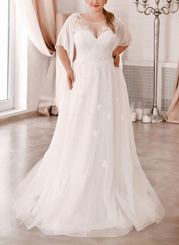 Plus Size Elegant Lace A-Line Wedding Dresses With Illusion Neck Short Sleeves, product image 1