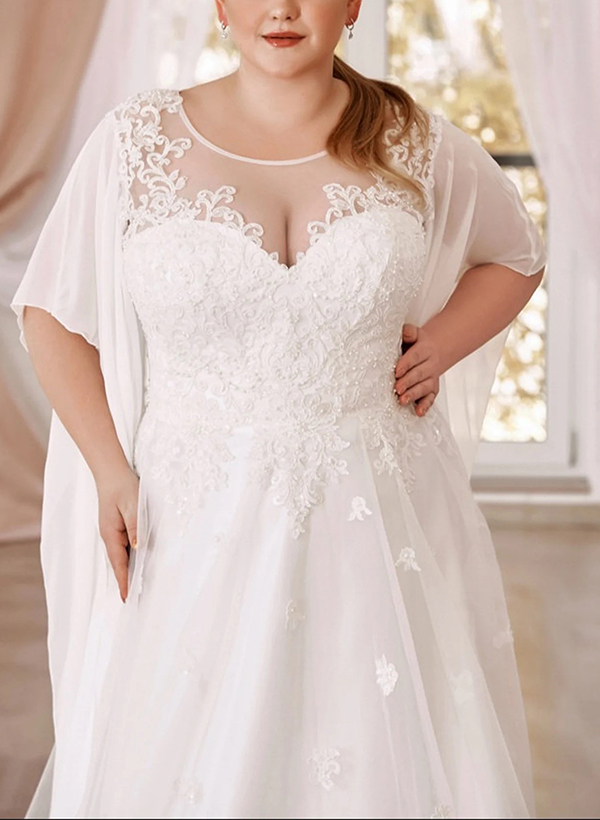 Plus Size Elegant Lace A-Line Wedding Dresses With Illusion Neck Short Sleeves, product image 2
