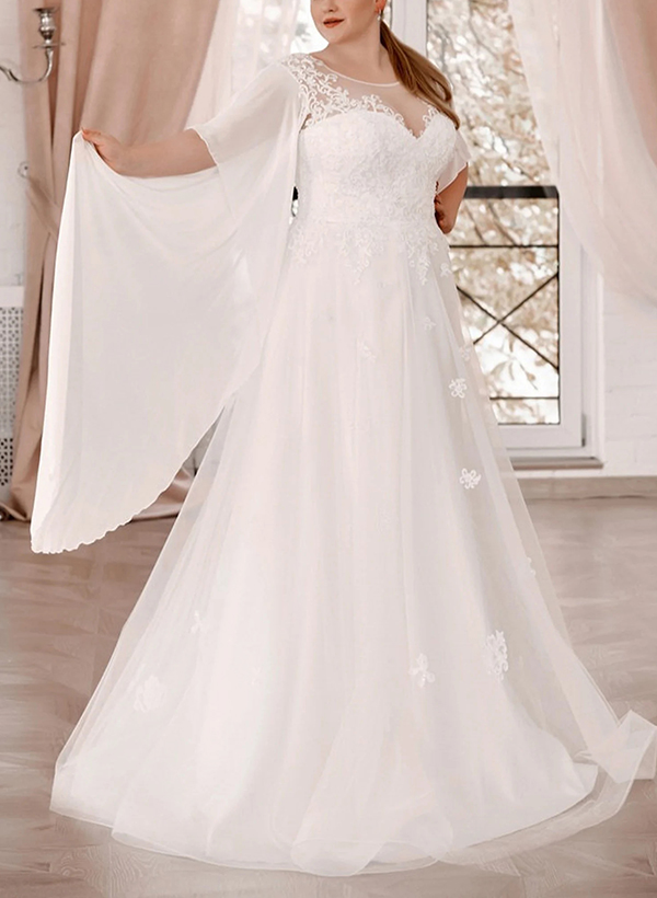 Plus Size Elegant Lace A-Line Wedding Dresses With Illusion Neck Short Sleeves, product image 3