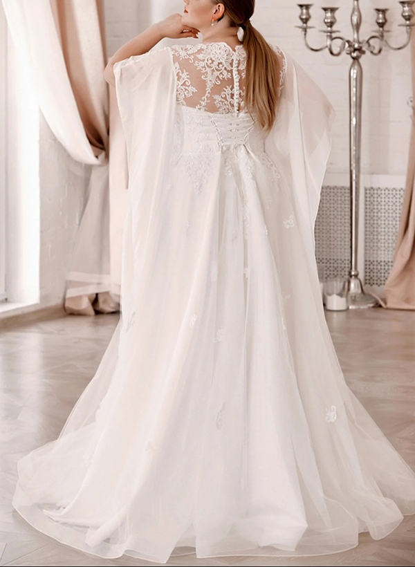 Plus Size Elegant Lace A-Line Wedding Dresses With Illusion Neck Short Sleeves, product image 4