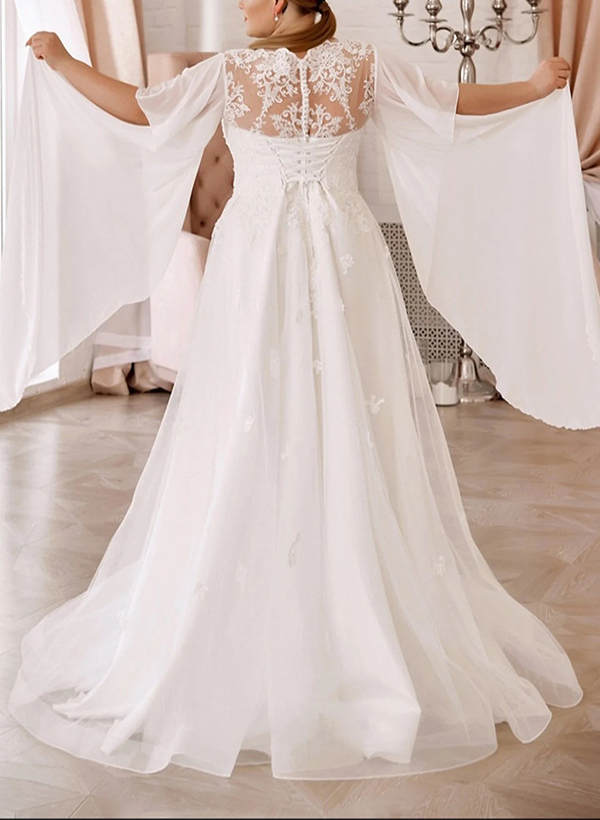 Plus Size Elegant Lace A-Line Wedding Dresses With Illusion Neck Short Sleeves, product image 5