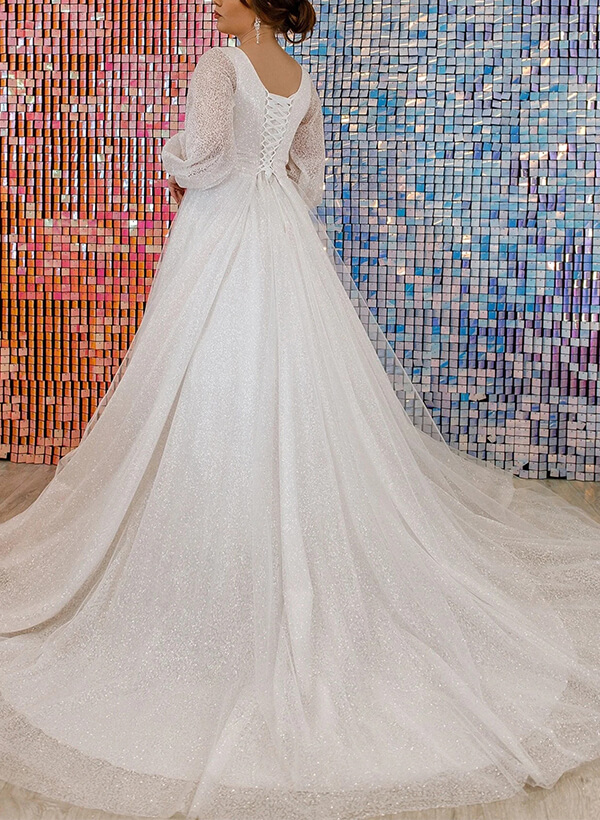 Sparkly Plus Size Ball Gown V-Neck Long Sleeves Wedding Dresses