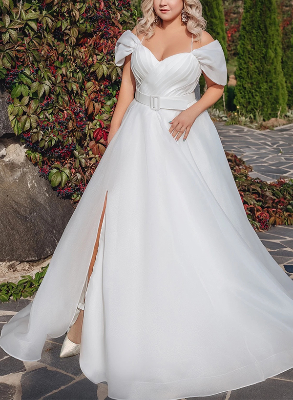 Modern Plus Size A-Line Organza Wedding Dresses With Split Front/Sash in Ivory, US2