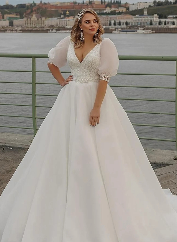 Boho Ball-Gown V-Neck Organza Wedding Dresses With Appliques Lace Sleeves, product image 1