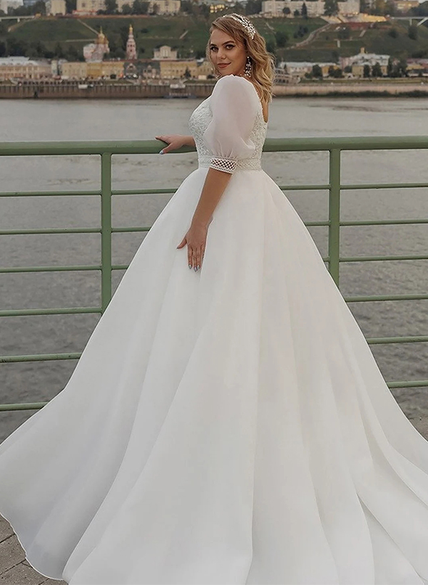 Boho Ball-Gown V-Neck Organza Wedding Dresses With Appliques Lace Sleeves, product image 2