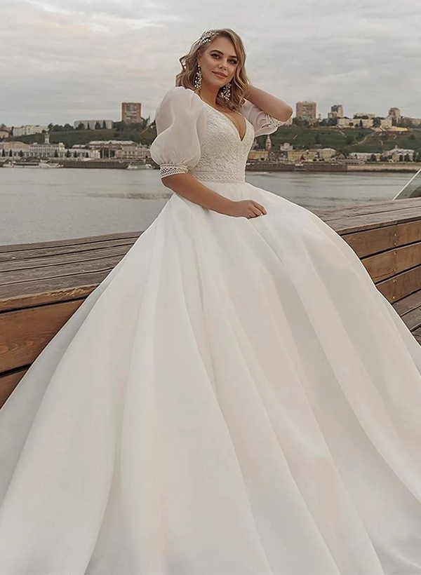 Boho Ball-Gown V-Neck Organza Wedding Dresses With Appliques Lace Sleeves, product image 3