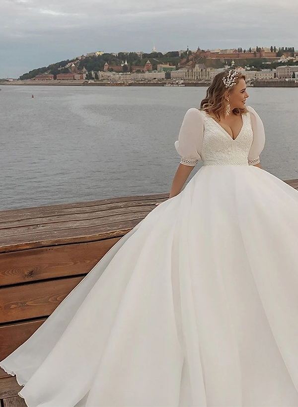 Boho Ball-Gown V-Neck Organza Wedding Dresses With Appliques Lace Sleeves, product image 4