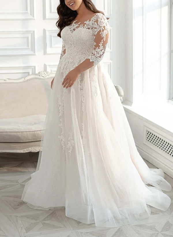 Elegant Plus Size A-Line Sleeves Lace/Tulle Wedding Dresses With Illusion Neck in As Picture, US2