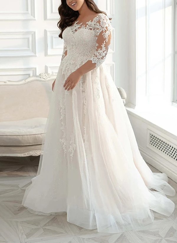 Elegant Plus Size A-Line Sleeves Lace/Tulle Wedding Dresses With Illusion Neck in As Picture, US2