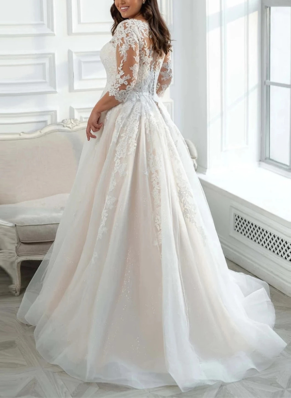 Elegant Plus Size A-Line Sleeves Lace/Tulle Wedding Dresses With Illusion Neck, product image 2