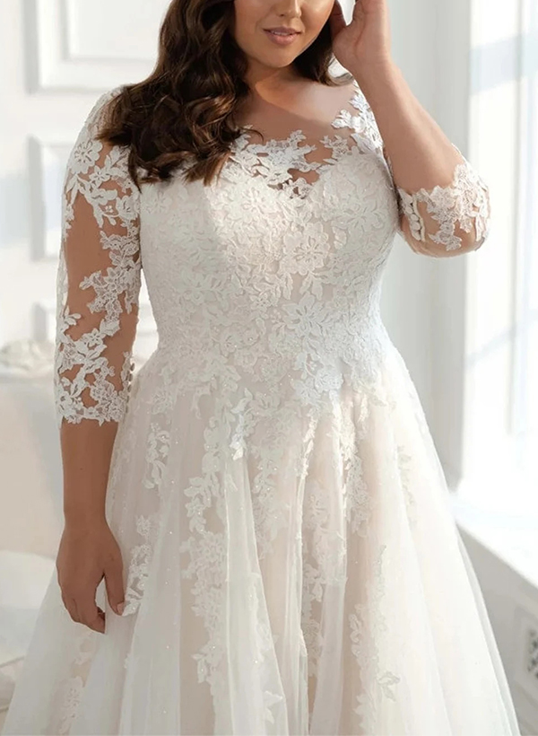 Elegant Plus Size A-Line Sleeves Lace/Tulle Wedding Dresses With Illusion Neck, product image 3