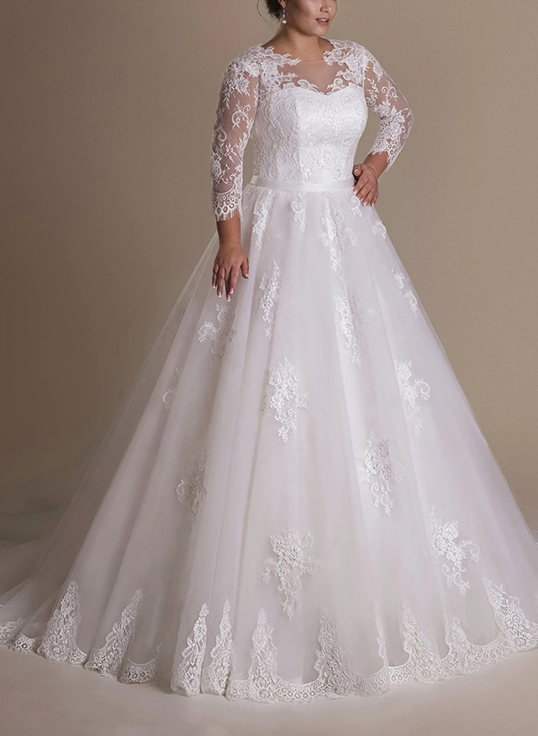 Plus Size Ball-Gown Illusion Neck Tulle Wedding Dresses With Appliques Lace Sleeves in Ivory, US2