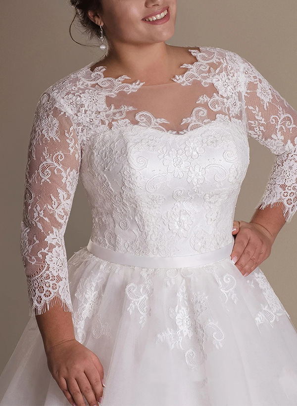 Plus Size Ball-Gown Illusion Neck Tulle Wedding Dresses With Appliques Lace Sleeves, product image 2