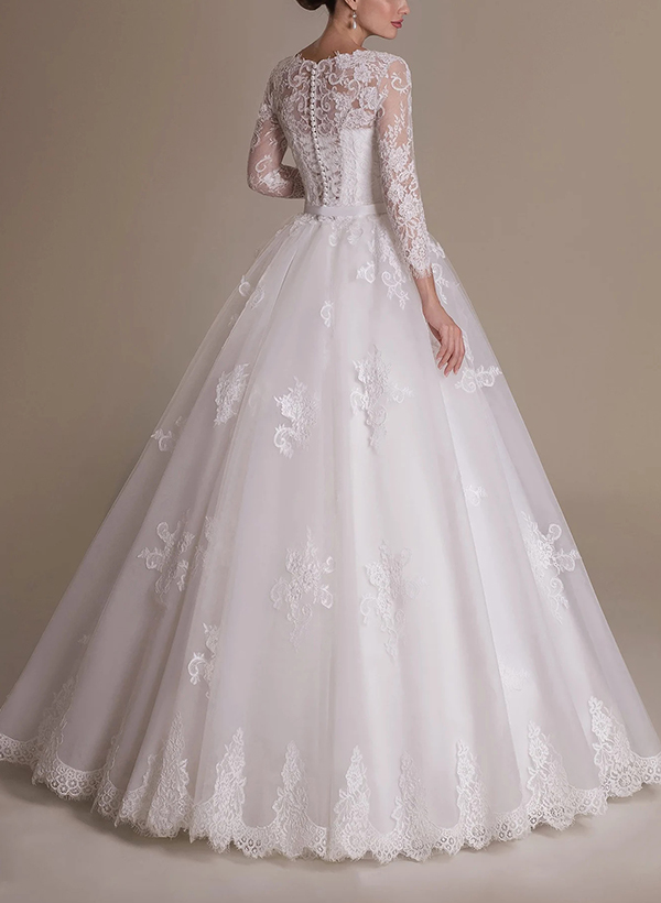Plus Size Ball-Gown Illusion Neck Tulle Wedding Dresses With Appliques Lace Sleeves, product image 3