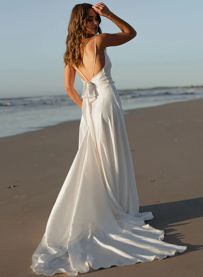 Boho Open Back Cowl Neck A-Line Wedding Dresses With Silk Like Satin Sweep Train, image 2
